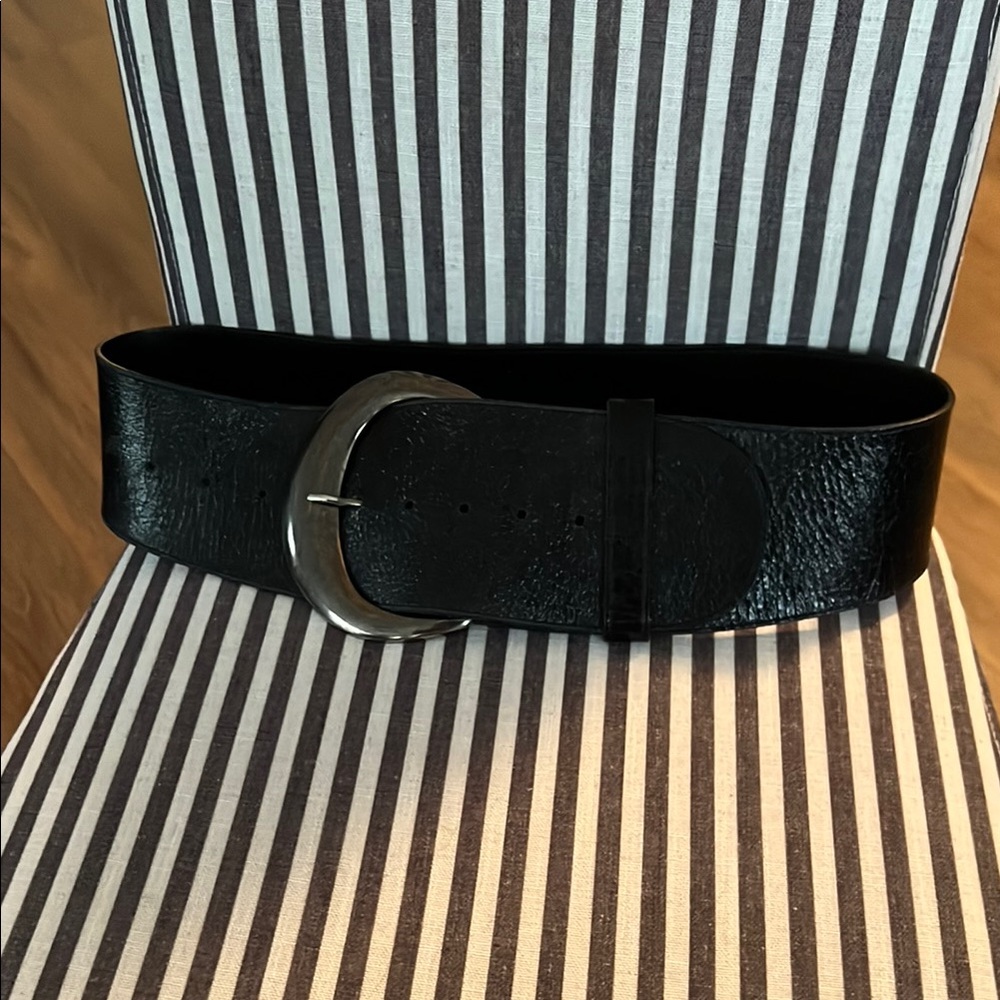 Anne Fontaine Black Leather Belt with Silver Buckle